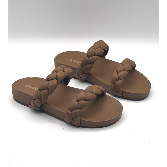 KAANAS Coco Brown Chunky Leather Braided Pool Slides Womens Size 6M NEW! - Picture 1 of 9